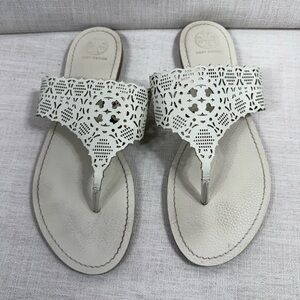 Tory Burch White Laser-Cut Leather Thong Sandals with Logo Detail